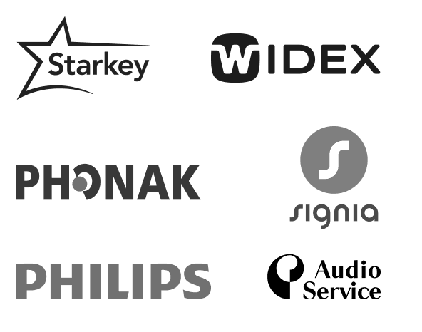 Hersteller-Logos: Phonak, Unitron, Widex, Signia, Audio Service, Philips, Oticon, ReSound, Starkey, Bernafon, Interton, MED-EL, Cochlear, Advanced Bionics